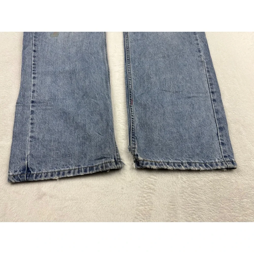 Levis 505 Mens 36x34 Jeans Light Blue Wash Denim Grungy HighLow Fade ripped Hem